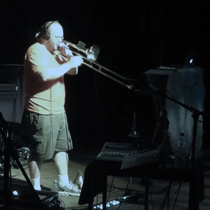 Sylvain Poitras on stage, playing the meta-trombone